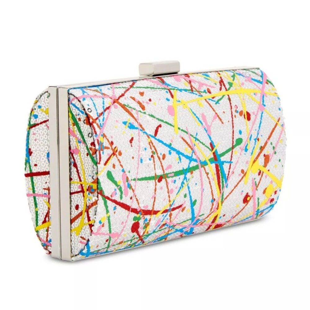 New INC Sequin Sparkling Rainbow Clasp Box Crossbody Clutch 7" W 5" H 2.5" D